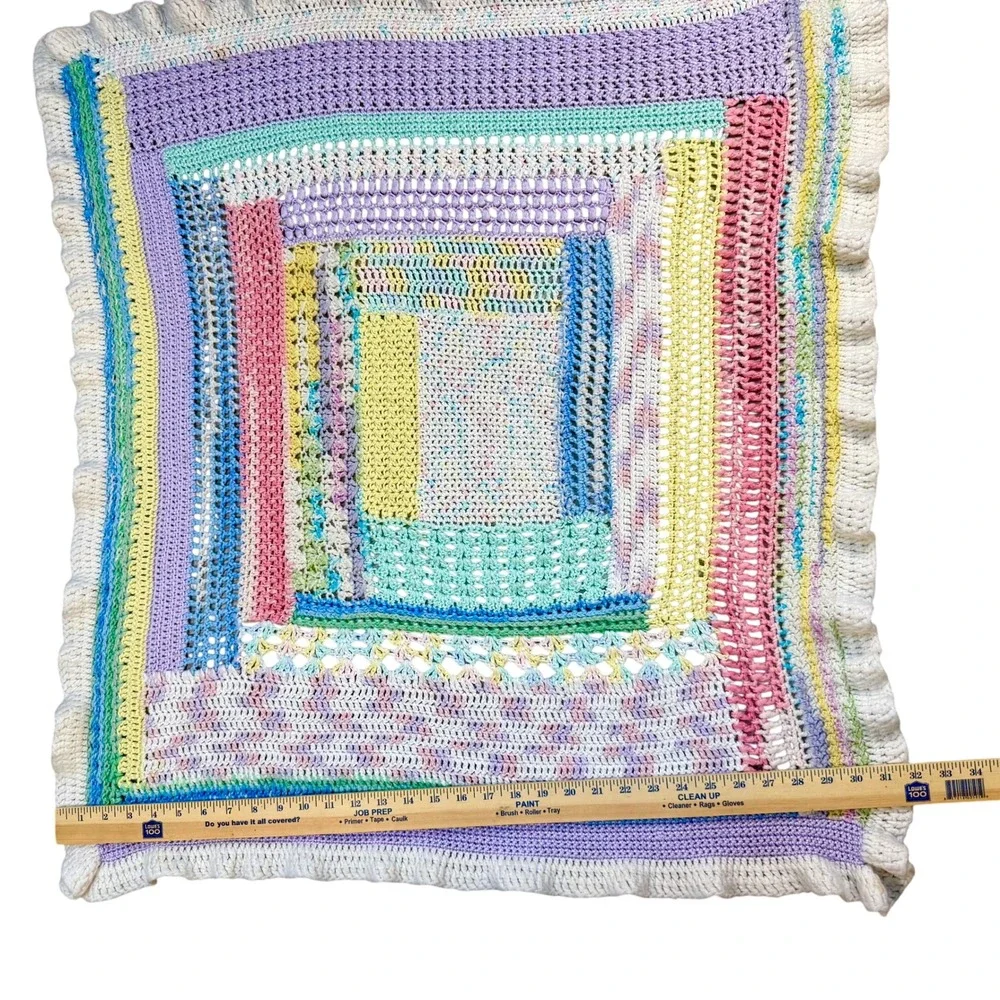 Handmade Vintage Patchwork Crochet Baby‎ Blanket Pastel Multicolor Ruffle Trim